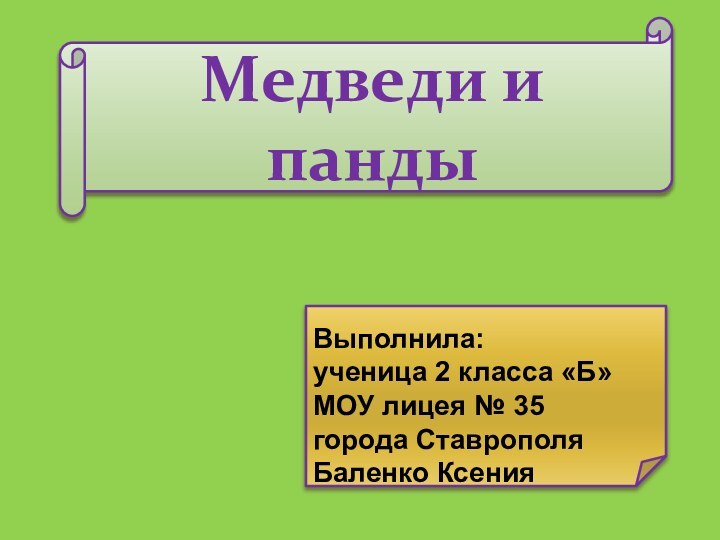 Медведи и пандыВыполнила:ученица 2 класса «Б»МОУ лицея № 35города СтаврополяБаленко Ксения