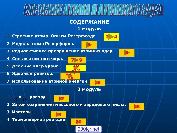 СОДЕРЖАНИЕ1 модуль1. Строение атома. Опыты Резерфорда.2. Модель атома Резерфорда.3. Радиоактивное превращение