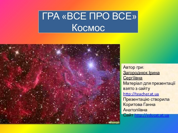 ГРА «ВСЕ ПРО ВСЕ» КосмосАвтор гри: Загороднюк Ірина СергіївнаМатеріал для презентації взято з