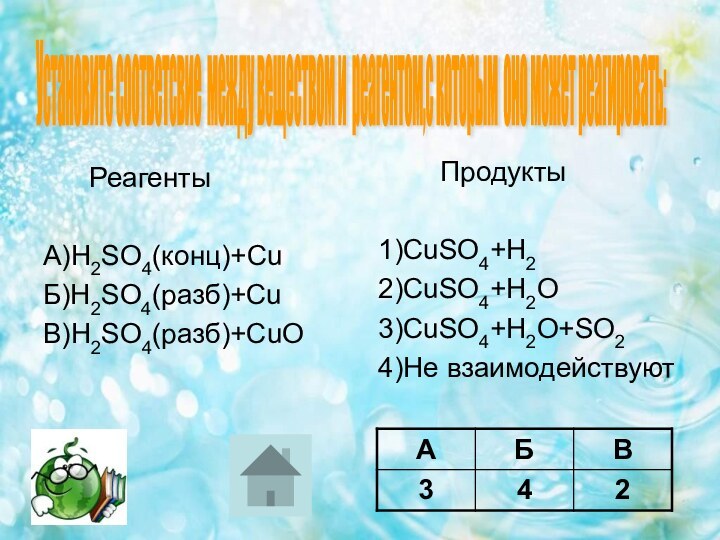 РеагентыА)H2SO4(конц)+CuБ)H2SO4(разб)+CuВ)H2SO4(разб)+CuO    Продукты1)CuSO4+H22)CuSO4+H2O3)CuSO4+H2O+SO24)Не взаимодействуютУстановите соответсвие между веществом