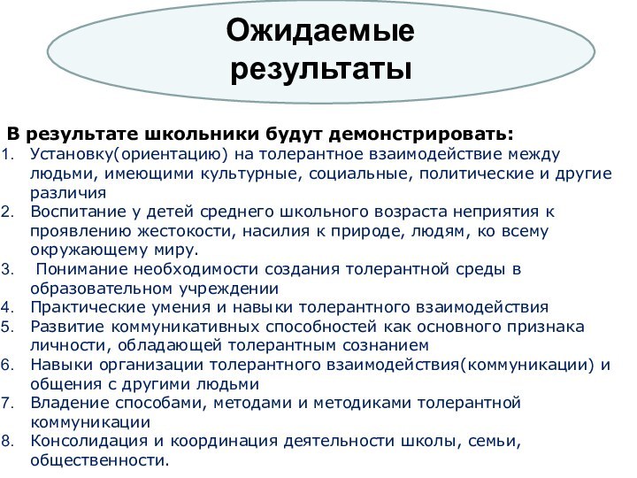 Ожидаемые результатыВ результате школьники будут демонстрировать:Установку(ориентацию) на толерантное взаимодействие между людьми, имеющими