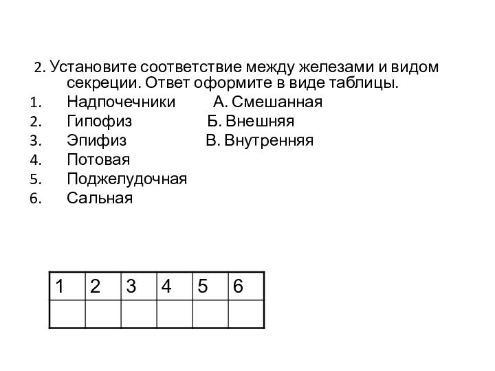 2. Установите соответствие между железами и видом секреции. Ответ оформите в виде