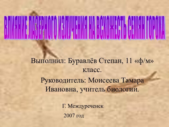 Выполнил: Буравлёв Степан, 11 «ф/м» класс.Руководитель: Моисеева Тамара Ивановна, учитель биологии.ВЛИЯНИЕ ЛАЗЕРНОГО