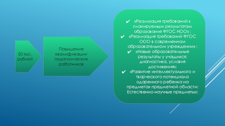 50 тыс. рублейПовышение квалификации педагогических работников«Реализация требований к планируемым результатам образования ФГОС