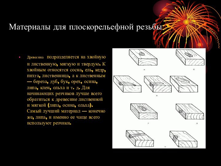 Материалы для плоскорельефной резьбы Древесина подразделяется на хвойную и лиственную, мягкую