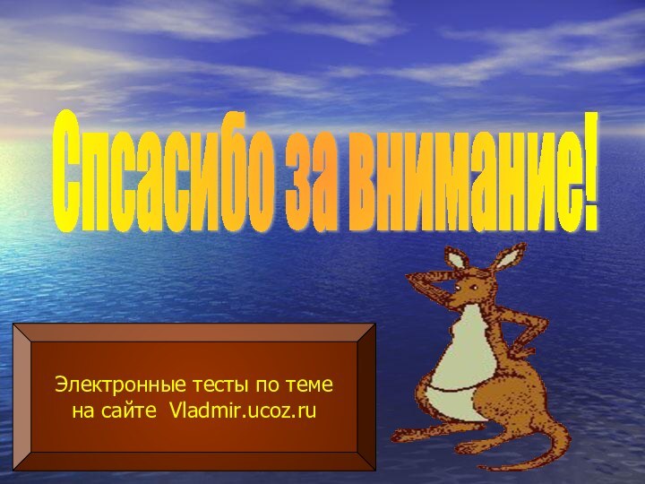 Спсасибо за внимание!Электронные тесты по теме на сайте Vladmir.ucoz.ru