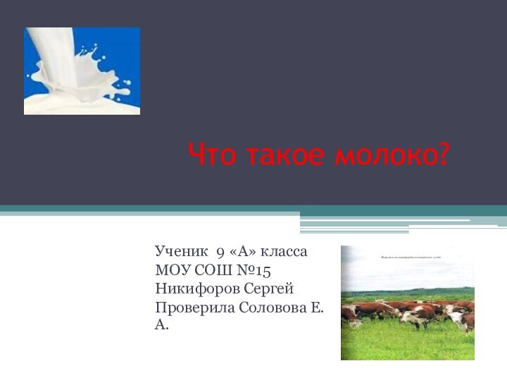 Что такое молоко?Ученик 9 «А» класса МОУ СОШ №15 Никифоров СергейПроверила Соловова Е.А.