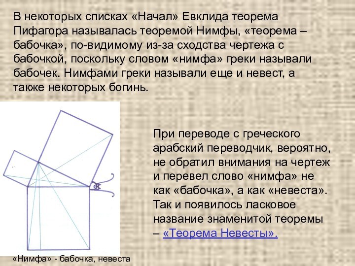 В некоторых списках «Начал» Евклида теорема Пифагора называлась теоремой Нимфы, «теорема –