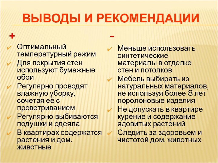 ВЫВОДЫ И РЕКОМЕНДАЦИИ+Оптимальный температурный режимДля покрытия стен используют бумажные обоиРегулярно проводят влажную