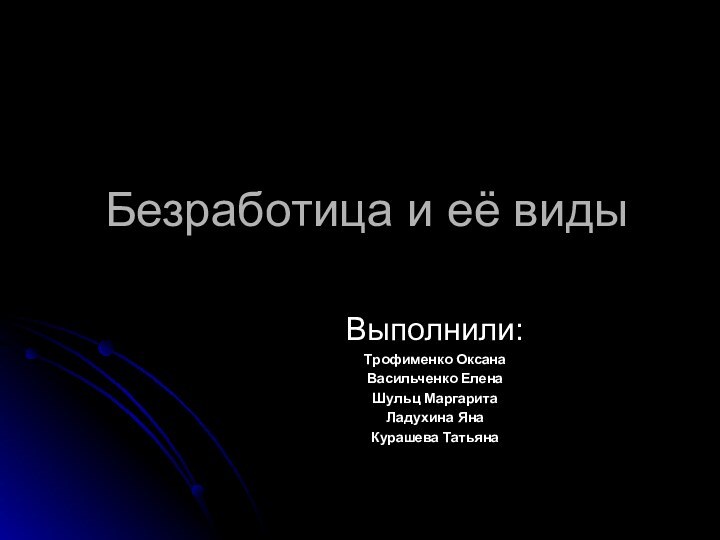 Безработица и её видыВыполнили:Трофименко ОксанаВасильченко ЕленаШульц МаргаритаЛадухина ЯнаКурашева Татьяна