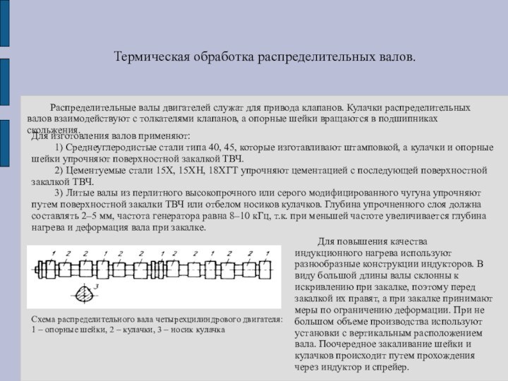 Термическая обработка распределительных валов. 	Распределительные валы двигателей служат для привода клапанов. Кулачки