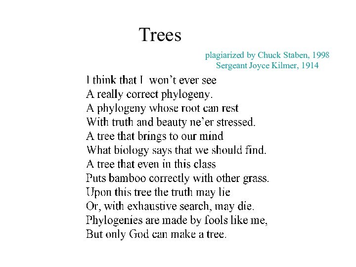 Treesplagiarized by Chuck Staben, 1998Sergeant Joyce Kilmer, 1914