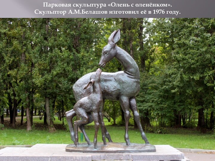 Парковая скульптура «Олень с оленёнком».Скульптор А.М.Белашов изготовил её в 1976 году.