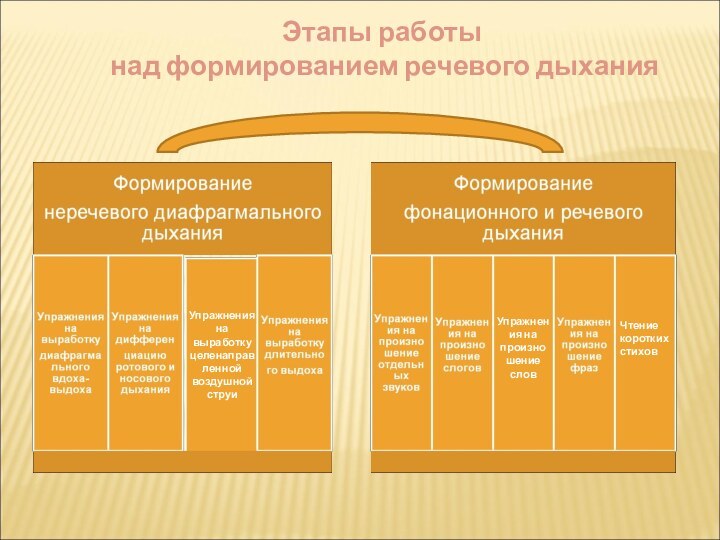 Этапы работы над формированием речевого дыханияУпражнения на выработку целенаправленной воздушной струиУпражнения на