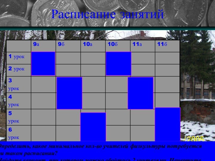 Расписание занятий1.Определить, какое минимальное кол-во учителей физкультуры потребуется при таком расписании?2.Найдите вариант,