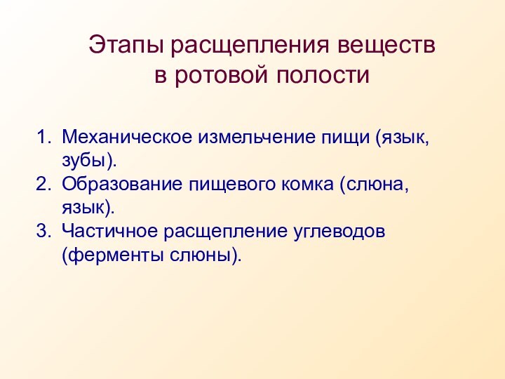 Механическое измельчение пищи (язык, зубы).Образование пищевого комка (слюна, язык). Частичное расщепление углеводов