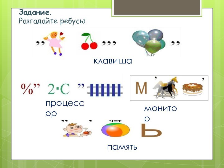 Задание.Разгадайте ребусыклавишапроцессорпамятьмонитор