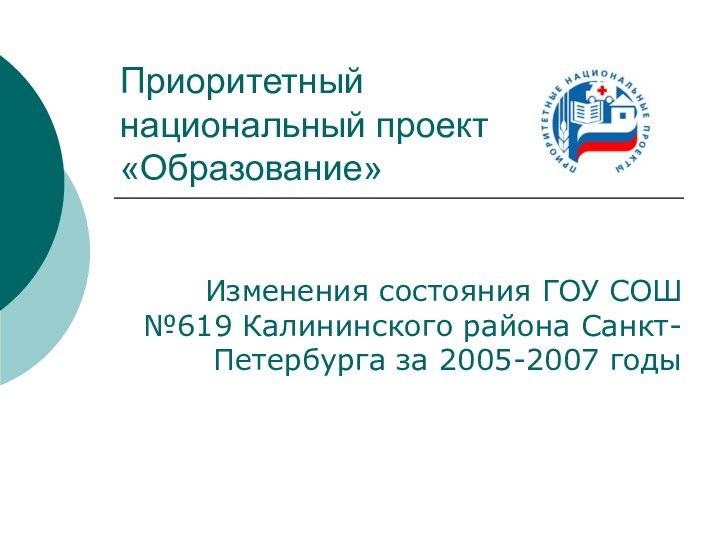 Приоритетный  национальный проект «Образование» Изменения состояния ГОУ СОШ №619 Калининского района