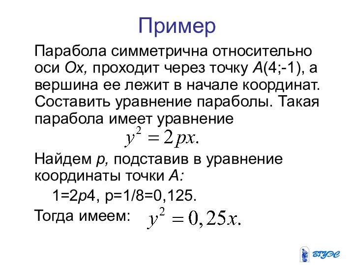 Пример  Парабола симметрична относительно оси Ох, проходит через точку А(4;-1), а