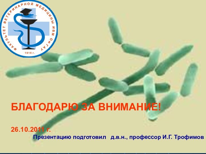 БЛАГОДАРЮ ЗА ВНИМАНИЕ!  26.10.2011 г.Презентацию подготовил  д.в.н., профессор И.Г. Трофимов