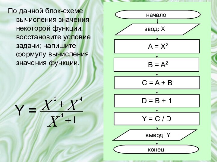 По данной блок-схеме вычисления значения некоторой функции, восстановите условие задачи; напишите формулу вычисления значения функции.Y =