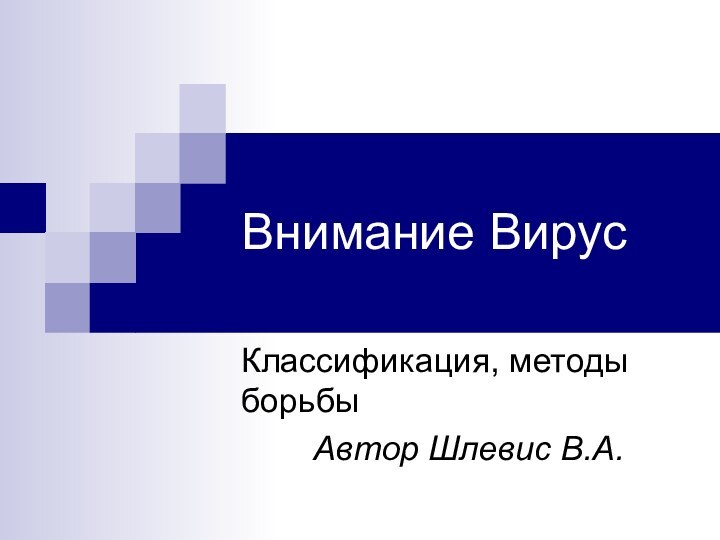 Внимание ВирусКлассификация, методы борьбы 		Автор Шлевис В.А.