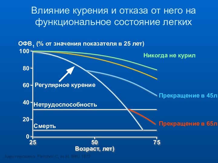 Влияние курения и отказа от него на функциональное состояние легкихАдаптировано: Fletcher C,