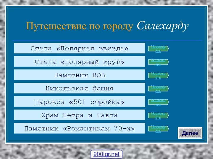 Путешествие по городу СалехардуДалееСтела «Полярная звезда»Стела «Полярный круг»Памятник ВОВНикольская башняПаровоз «501 стройка»Храм