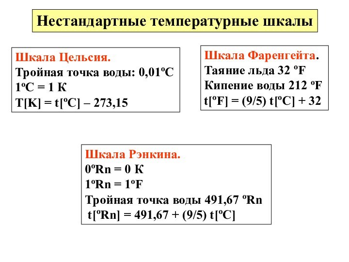 Нестандартные температурные шкалыШкала Цельсия.Тройная точка воды: 0,01оС1оС = 1 К T[K] =