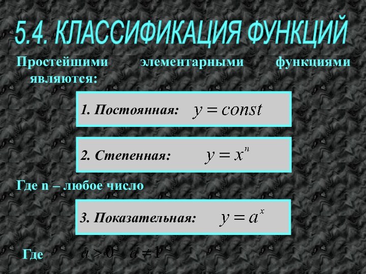 5.4. КЛАССИФИКАЦИЯ ФУНКЦИЙПростейшими элементарными функциями являются:1. Постоянная: 2. Степенная: Где n –