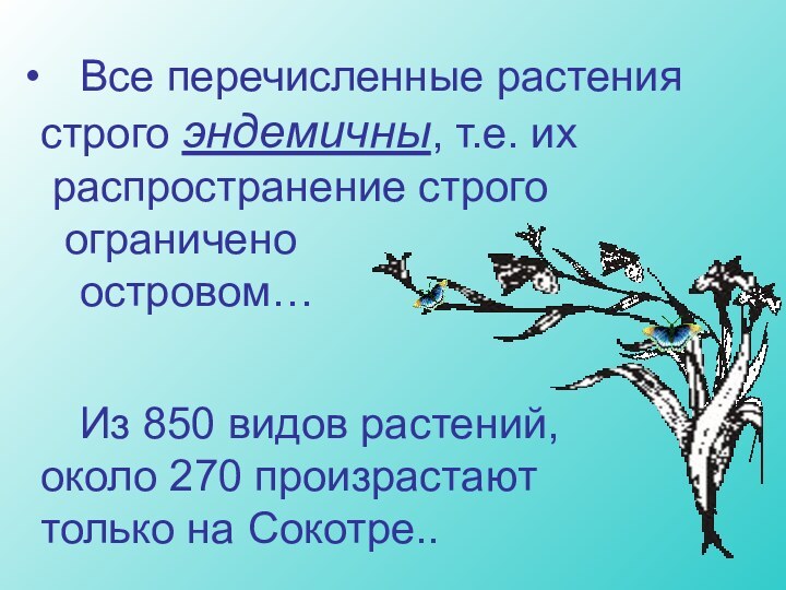 Все перечисленные растения строго эндемичны, т.е. их распространение строго  ограничено 	островом…		Из