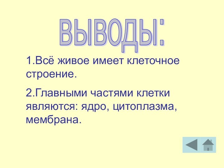 выводы:1.Всё живое имеет клеточное строение.2.Главными частями клетки являются: ядро, цитоплазма, мембрана.