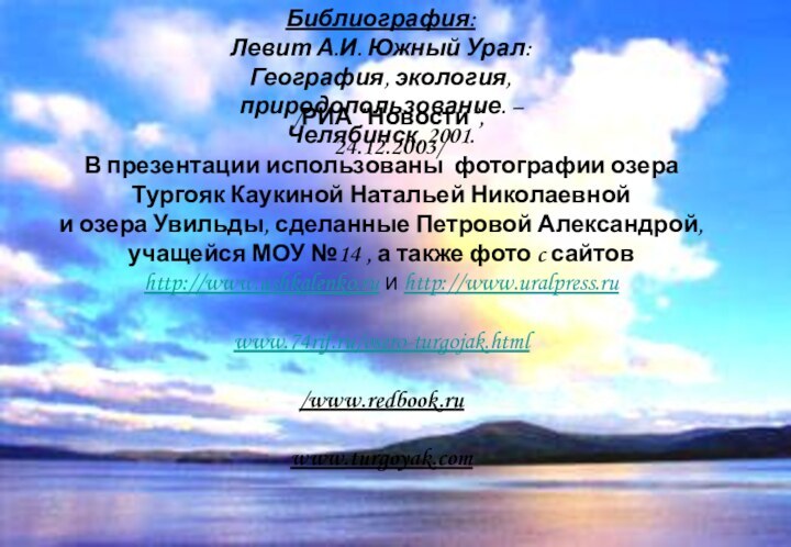 Библиография: Левит А.И. Южный Урал: География, экология, природопользование. – Челябинск, 2001.В презентации