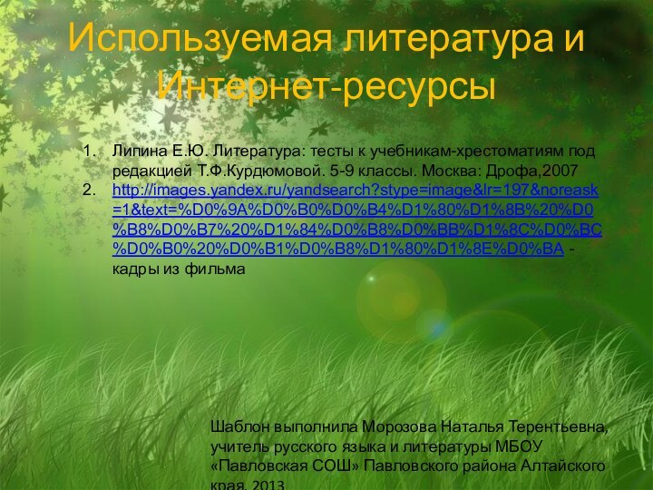 Используемая литература и Интернет-ресурсыЛипина Е.Ю. Литература: тесты к учебникам-хрестоматиям под редакцией Т.Ф.Курдюмовой.