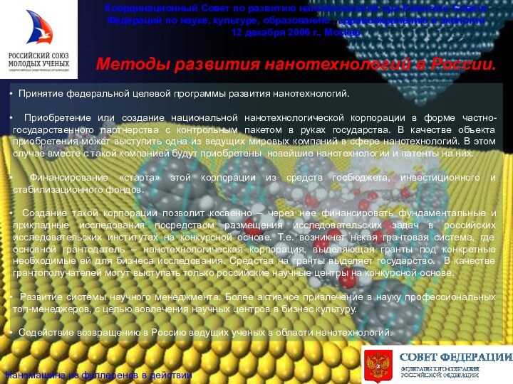 Методы развития нанотехнологий в России.Координационный Совет по развитию нанотехнологий при Комитете Совета