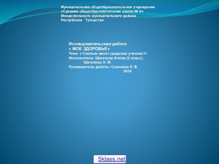 Муниципальное общеобразовательное учреждение	«Средняя общеобразовательная школа № 2»Менделеевского муниципального района	Республики  ТатарстанИсследовательская работа«