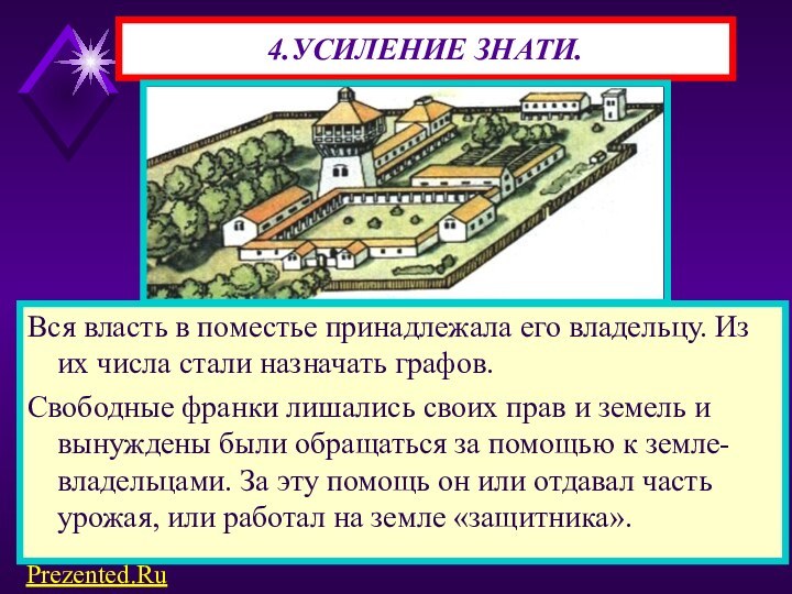 4.УСИЛЕНИЕ ЗНАТИ.Вся власть в поместье принадлежала его владельцу. Из их числа стали