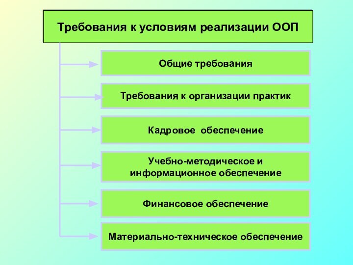 Требования к условиям реализации ООП Кадровое обеспечение Учебно-методическое и информационное обеспечениеМатериально-техническое обеспечениеФинансовое