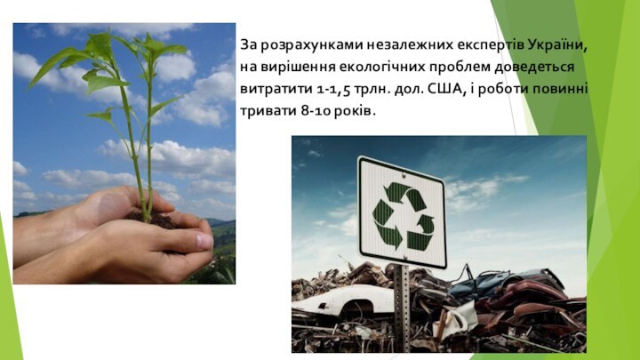 За розрахунками незалежних експертів України, на вирішення екологічних проблем доведеться витратити 1-1,5