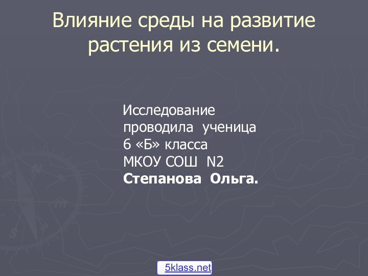 Влияние среды на развитие растения из семени.  Исследование проводила ученица 6