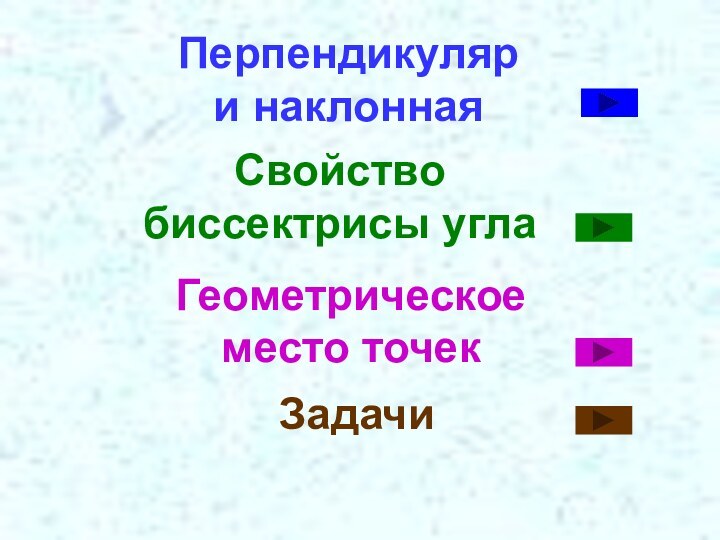 Перпендикуляр  и наклоннаяСвойство биссектрисы углаГеометрическое место точекЗадачи