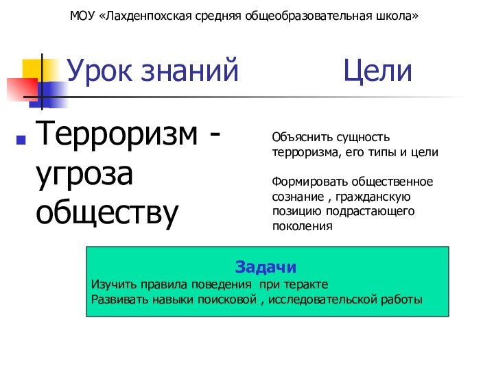 Урок знаний      Цели Терроризм - угроза обществуОбъяснить