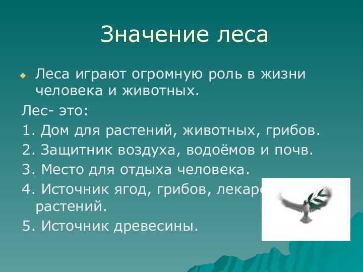 Значение леса Леса играют огромную роль в жизни человека и животных. Лес-