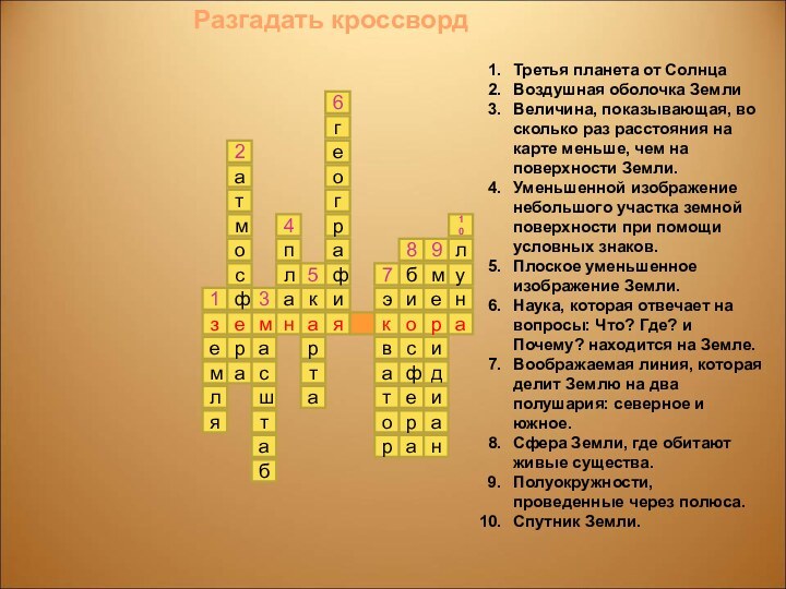 зменаякораемляосфатмрнатшсаабкплаиатреографгротавэрефсбианаидимелу43216987105Третья планета от СолнцаВоздушная оболочка ЗемлиВеличина, показывающая, во сколько раз расстояния на