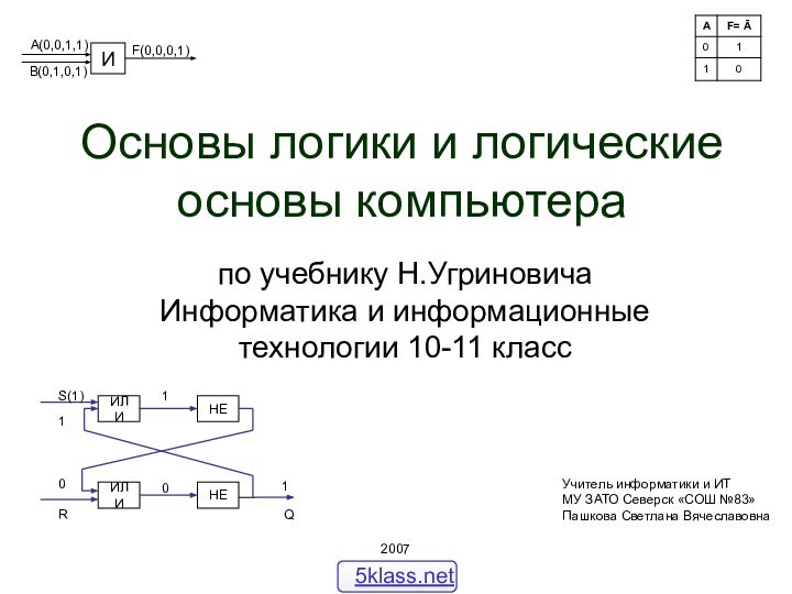 Основы логики и логические основы компьютерапо учебнику Н.Угриновича Информатика и информационные технологии