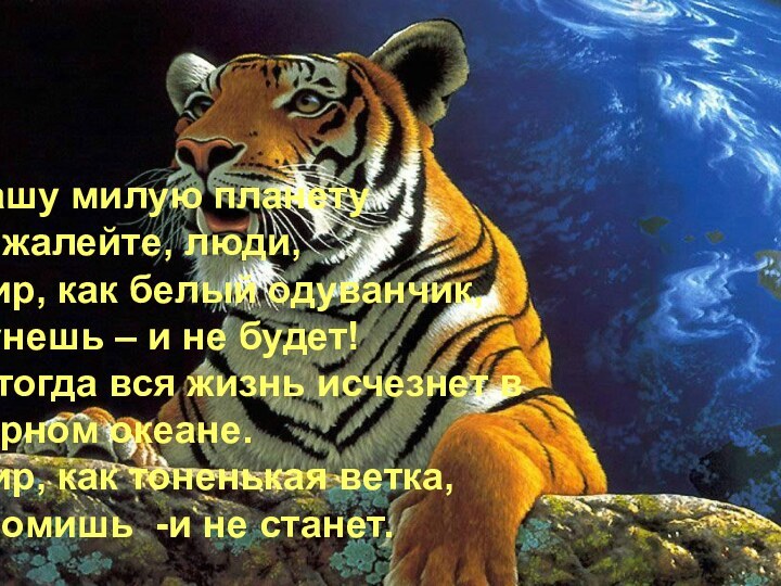 Нашу милую планету пожалейте, люди,Мир, как белый одуванчик, дунешь – и не