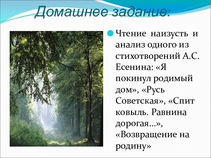 Домашнее задание:Чтение наизусть и анализ одного из стихотворений А.С.Есенина: «Я покинул родимый