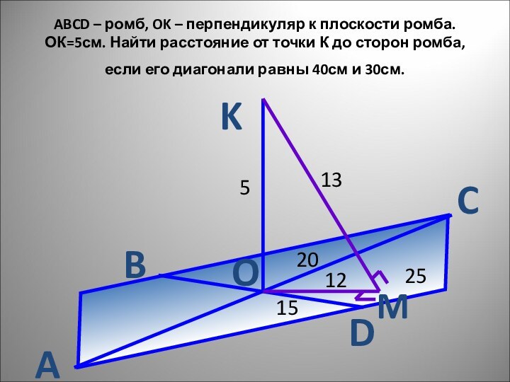 ABCD – ромб, OK – перпендикуляр к плоскости ромба. ОК=5см. Найти расстояние