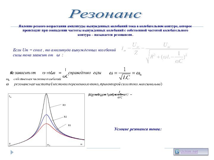 Резонанс Явление резкого возрастания амплитуды вынужденных колебаний тока в колебательном контуре, которое