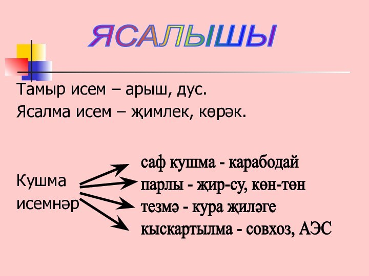 Тамыр исем – арыш, дус.Ясалма исем – җимлек, көрәк.КушмаисемнәрЯСАЛЫШЫсаф кушма - карабодай